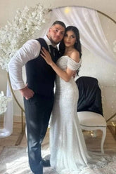 Off the Shoulder Chapel Sequined Floor Length Wedding Dress