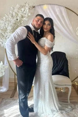 Off the Shoulder Chapel Sequined Floor Length Wedding Dress