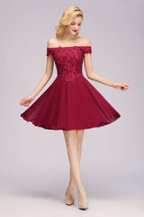 Off the Shoulder Floral Lace Short Homecoming Dress Burgundy Knee Length Chiffon Evening Dress