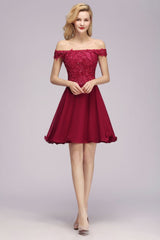 Off the Shoulder Floral Lace Short Homecoming Dress Burgundy Knee Length Chiffon Evening Dress