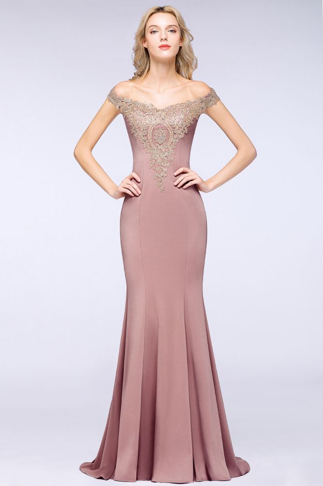 Off the Shoulder Gold Appliques Mermaid Evening Gowns Slim Prom Dress