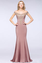 Off the Shoulder Gold Appliques Mermaid Evening Gowns Slim Prom Dress