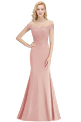 Off-the-shoulder Long Appliques Satin Mermaid Prom Gown Bridesmaid Dresses
