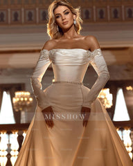 Off-the-Shoulder Long Sleeves Satin Mermaid Wedding Dress with Detachable Tail