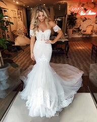 Off-the-Shoulder Puffy Tulle Wedding Dress Mermaid Appliques Sweep Train Bridal Wears