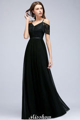 Off-the-shoulder Sleeveless Floor-Length A-line Bridesmaid Dresses Chiffon Lace V-Neck Prom Dress