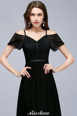 Off-the-shoulder Sleeveless Floor-Length A-line Bridesmaid Dresses Chiffon Lace V-Neck Prom Dress