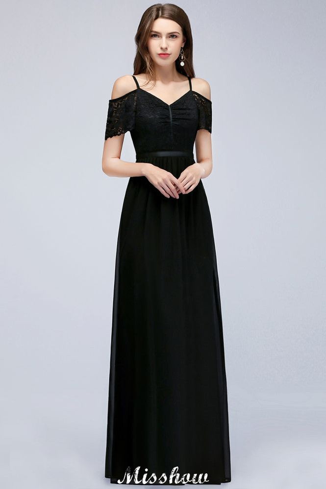 Off-the-shoulder Sleeveless Floor-Length A-line Bridesmaid Dresses Chiffon Lace V-Neck Prom Dress