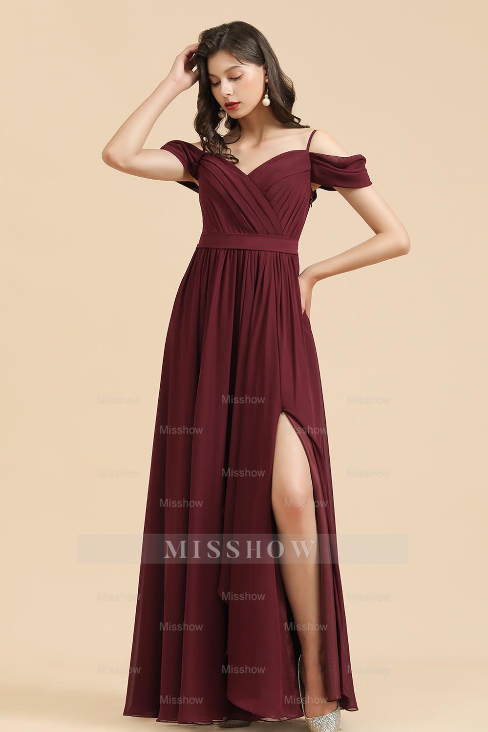 Off-the-Shoulder Sweetheart Burgundy Long Bridesmaid Dress With Slit