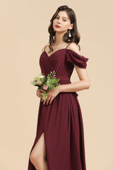 Off-the-Shoulder Sweetheart Burgundy Long Bridesmaid Dresses With Slit