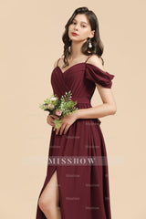 Off-the-Shoulder Sweetheart Burgundy Long Bridesmaid Dresses With Slit