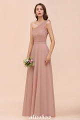 One Shoulder Chiffon Bridesmaid Dress Dusty Pink Wedding Guest Dress for Bride