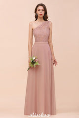 One Shoulder Chiffon Bridesmaid Dress Dusty Pink Wedding Guest Dress for Bride