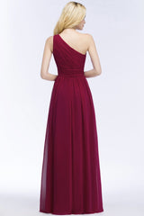 One-shoulder Floor Length Burgundy Ruffled Chiffon A-line Bridesmaid Dresses