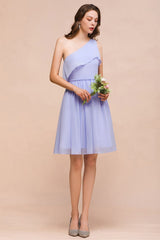 One Shoulder Lavender Mini Bridesmaid Dress Chiffon Knee Length Simple Daily Dress