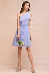 One Shoulder Lavender Mini Bridesmaid Dress Chiffon Knee Length Simple Daily Dress