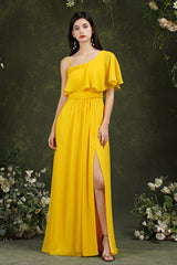 One Shoulder Ruffles Bridesmaid Dresses Long With Slit