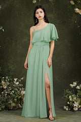 One Shoulder Ruffles Bridesmaid Dresses Long With Slit