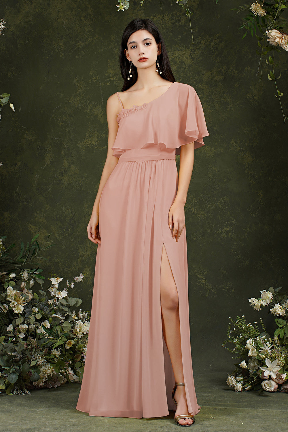 One Shoulder Ruffles Bridesmaid Dresses Long With Slit