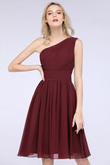 One-Shoulder Sleeveless Knee-Length Bridesmaid Dress with Ruffles Formal Party Dress