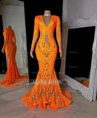 Orange Sequins V-neck Appliques Lace Floor-length Long Sleeve Mermaid Prom Dresses