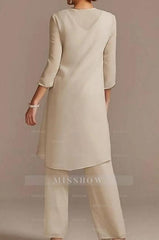 Pantsuit Mother of the Bride Dress Floor Length Chiffon Lace 3/4 Length Sleeve
