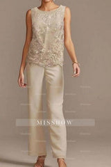 Pantsuit Mother of the Bride Dress Floor Length Chiffon Lace 3/4 Length Sleeve