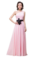 Pink A-line One-shoulder Ruffle Chiffon Bridesmaid Dresses