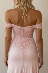 Pink A Line Satin Off the Shoulder Long Prom Dress with Lace