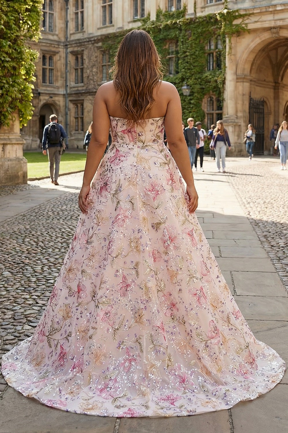 Pink Floral Embroidery Sweetheart Sequins Princess Long Prom Dress