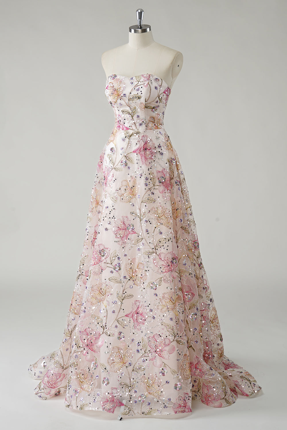 Pink Floral Embroidery Sweetheart Sequins Princess Long Prom Dress