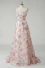 Pink Floral Embroidery Sweetheart Sequins Princess Long Prom Dress