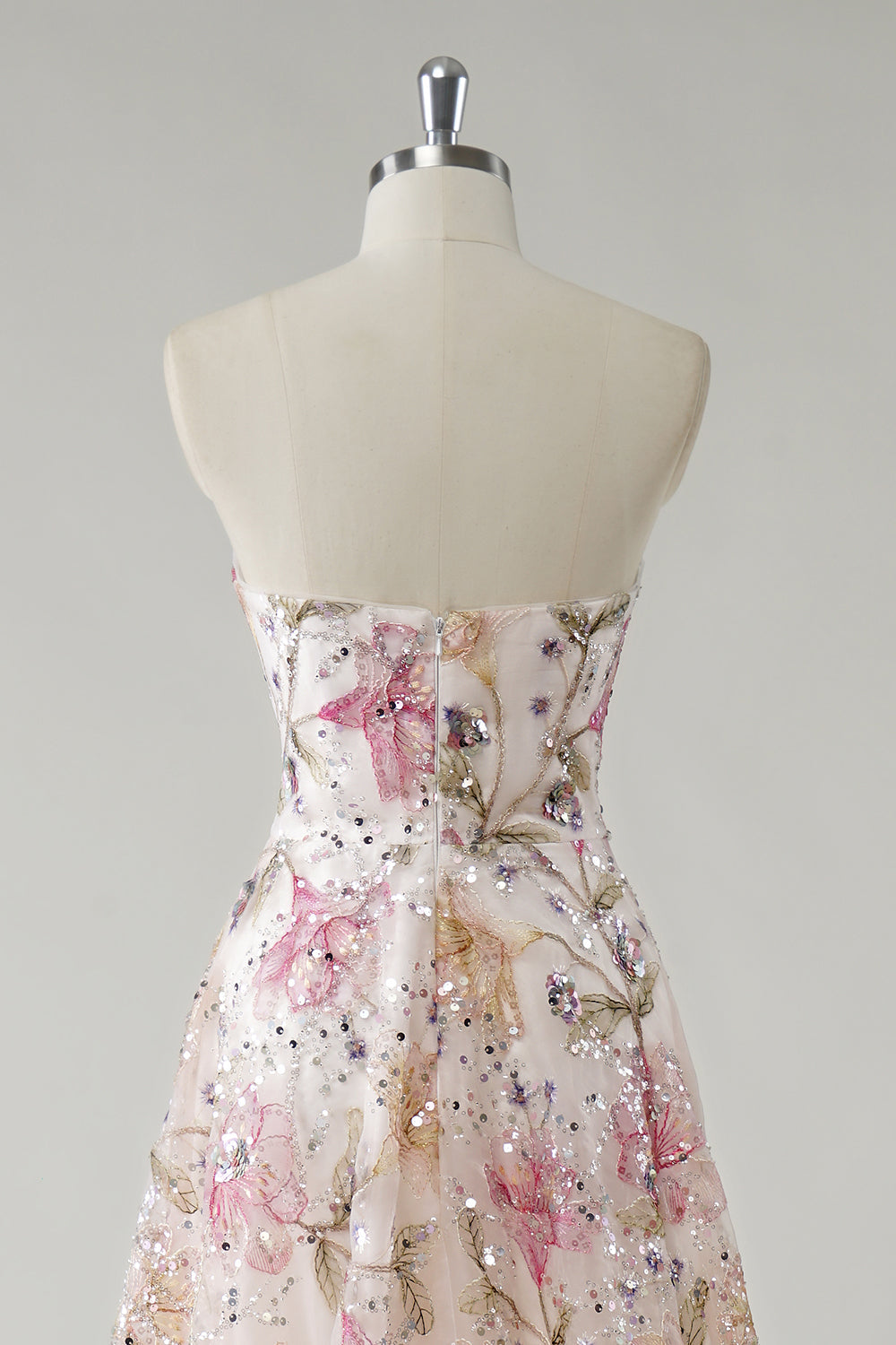 Pink Floral Embroidery Sweetheart Sequins Princess Long Prom Dress