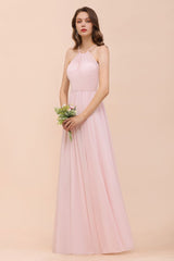 Pink Girls Bridesmaid Dress Halter Floor Length Chiffon Beach Wedding Party Dress