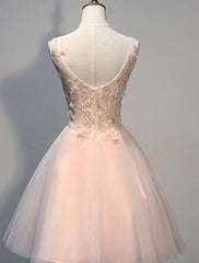 Pink Lace Short Prom Dresses Evening Dresses With Lace Appliques A Line Tulle Evening Wear