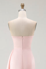 Pink Strapless Ruffled Sheath Long Satin Prom Dress
