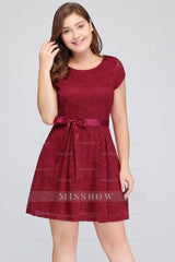 Plus Size A-Line Jewel Burgundy Lace Bridesmaid Dresses with Short Sleeves