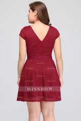 Plus Size A-Line Jewel Burgundy Lace Bridesmaid Dresses with Short Sleeves