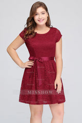 Plus Size A-Line Jewel Burgundy Lace Bridesmaid Dresses with Short Sleeves