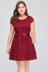 Plus Size A-Line Jewel Burgundy Lace Bridesmaid Dresses with Short Sleeves