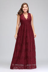 Plus Size A-Line V-Neck Burgundy Lace Bridesmaid Dresses