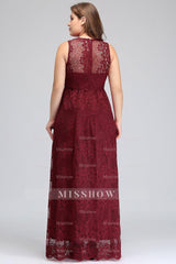 Plus Size A-Line V-Neck Burgundy Lace Bridesmaid Dresses