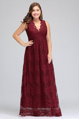 Plus Size A-Line V-Neck Burgundy Lace Bridesmaid Dresses