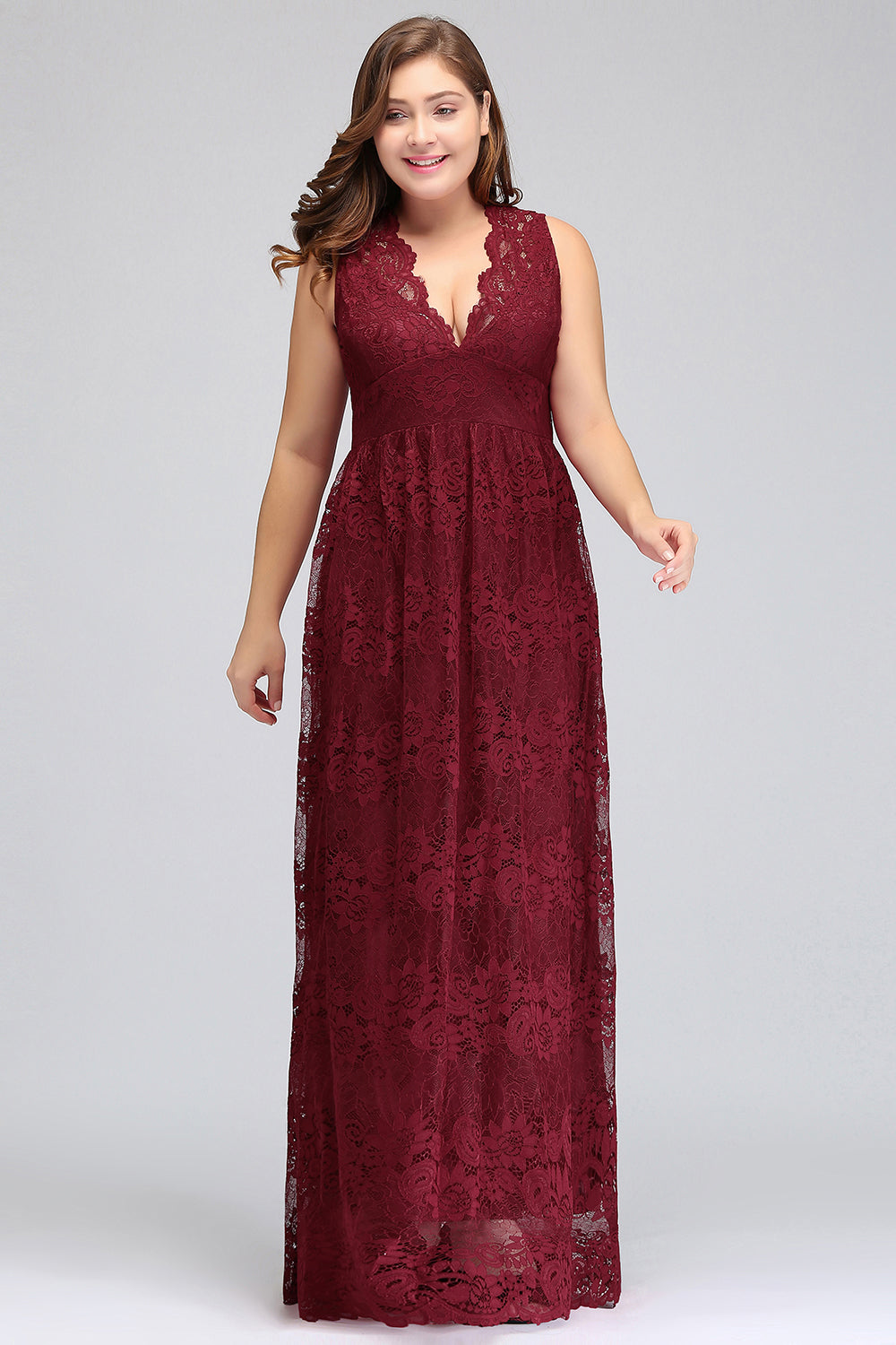 Plus Size A-Line V-Neck Burgundy Lace Bridesmaid Dresses