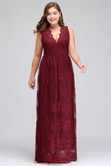 Plus Size A-Line V-Neck Burgundy Lace Bridesmaid Dresses