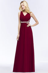 Plus Size A-line V-neck Long Sleeveless Ruffled Chiffon Bridesmaid Dresses with Beading Sash