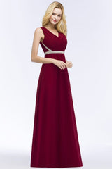 Plus Size A-line V-neck Long Sleeveless Ruffled Chiffon Bridesmaid Dresses with Beading Sash