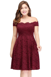 Plus size Burgundy A-Line Off-Shoulder Knee Length Lace Cocktail Dresses