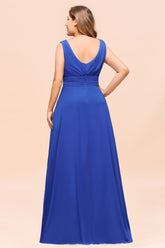 Plus Size Chiffon Sleeveless Royal Blue Bridesmaid Dress V-neck Simple Wedding Dress