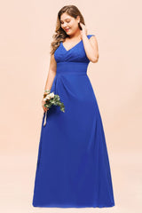 Plus Size Chiffon Sleeveless Royal Blue Bridesmaid Dress V-neck Simple Wedding Dress